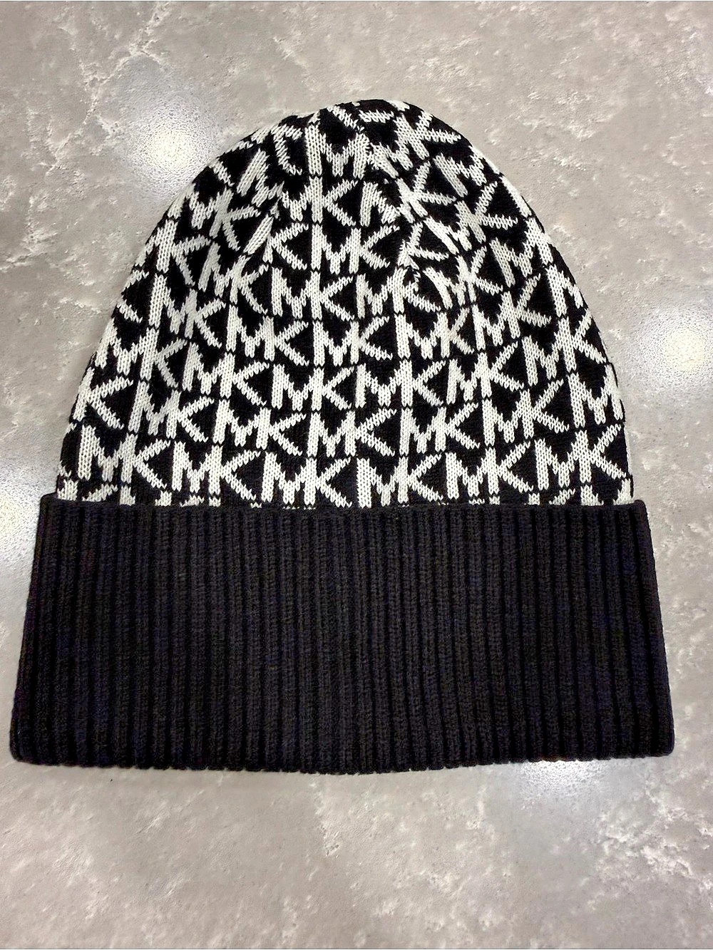 Michael Kors MK Logo Beanie Black White Monogram Knit Cuffed Hat NWOT